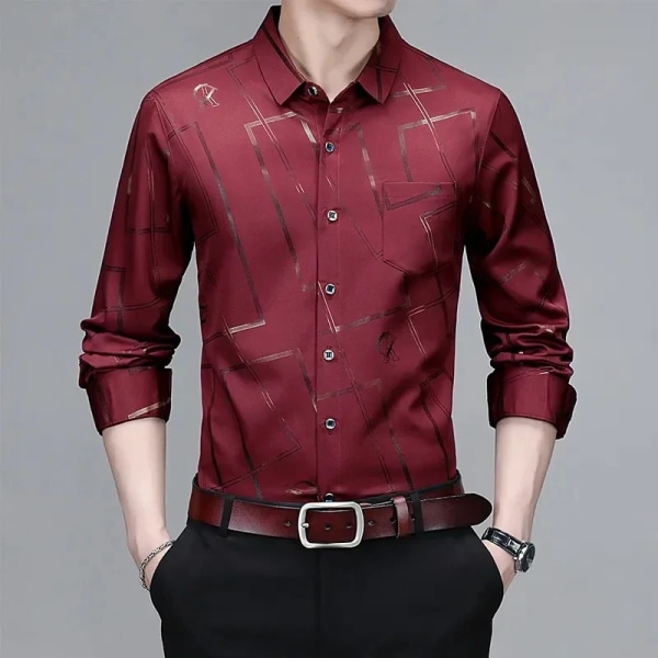 Casual och moderiktig långärmad printed skjorta för män, icke-stryknings- och rynkbeständig affärstopp Red L