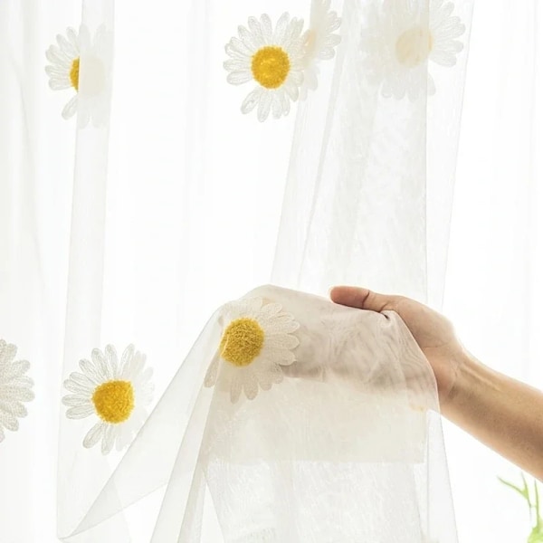 1 stk. Gul Daisy Tulle Gardiner Broderier Blomster Plante Skørt Gardin Til Børneværelse Køkken Stue Dørpartition Drapes Indretning WHITE W200xH260cm 79x102in