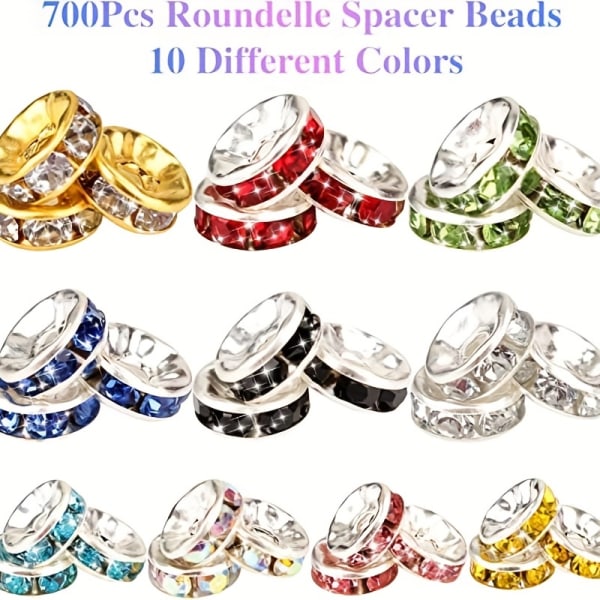 700 st distanspärlor, kristallpärlor, strasspärlor, charmpärlor för smyckestillverkning, armbandshängen, 10 färger (8 mm-10 färger)