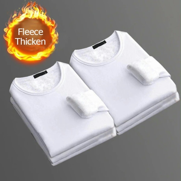 2 STK Herrunderkläder Vinter långärmade thermal Plus sammet T-shirt O-hals Enfärgad Slim Bottoming Shirt 2White 3XL 70-80kg