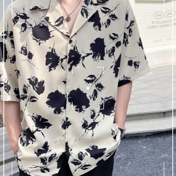 Kubansk Krage Ice Silk Tryckt Tröja Mäns Kort Ärm Sommar Fashion Märke Gant Hawaiian Halv Ärm Skjjorta 2024 Nytt Mode Apricot XL