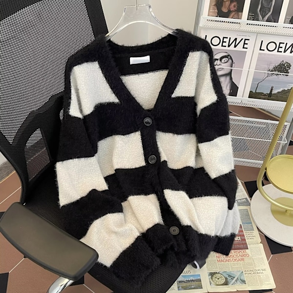 Mink Pels Stribet Trøje Rock Mænd Og Kvinder Forår Og Efterår Koreansk Stil Løs Og Lazy Style V-Hals Cardigan Trendy Efterår Og Vinter Ny Black And White XXL