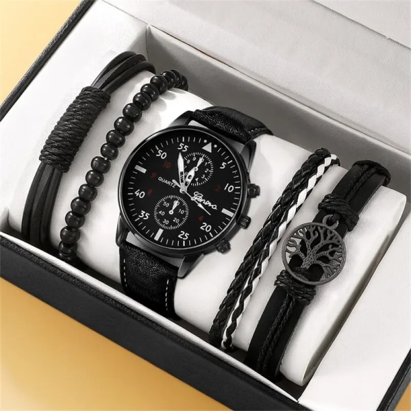 5PCS Set Mode Herr Sportklockor Man Business Quartz Armbandsur Lyxigt Läderarmband Herr Casual Clock Watch black set