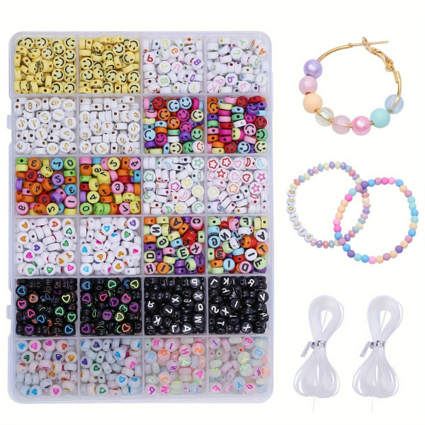 1000 st pärlor för smyckestillverkning, flerfärgat pärlhalsband Set med olika färger alfabetpärlor Stjärna och hjärtpärlor med sladdar och förvaringslåda Rainbow Beads