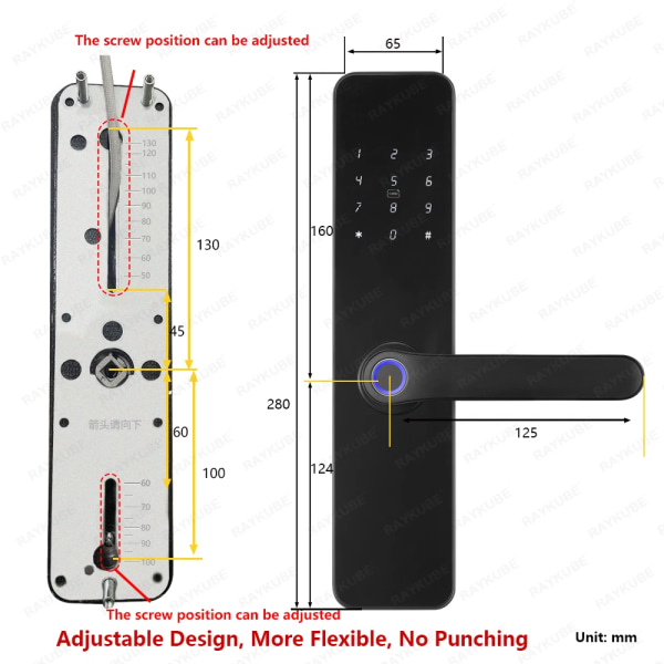 F7 TT-lås Smart fingeravtryckslås Elektriskt dörrlås med längre Större handtagspaneler Spegeldesign APP Fjärrkontroll 22x165