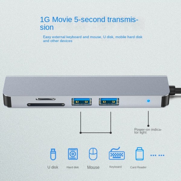 5-i-1 nätverksdockningsstation typ-C-hub med 4K HDMI SD/TF-kortläsare USB 3.0 och 2.0 kompatibel med IPhone/iPad/Desktop/Bärbar dator (silverfärgad) Silvery