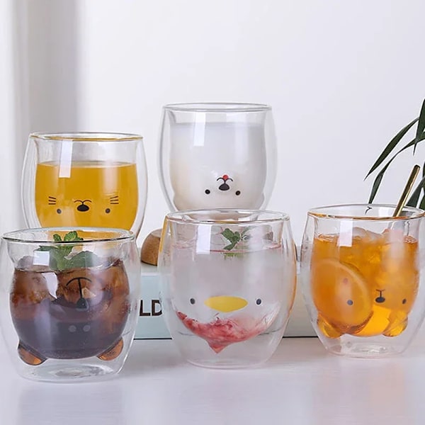 Kreativ Söta Björnar Dubbelskiktad Kaffekopp Dubbel Glaskopp Kartong Djur Mjölk Glas Dam Söta Katt Anka Hund Present Julgåva bear 02 25ml-260ml