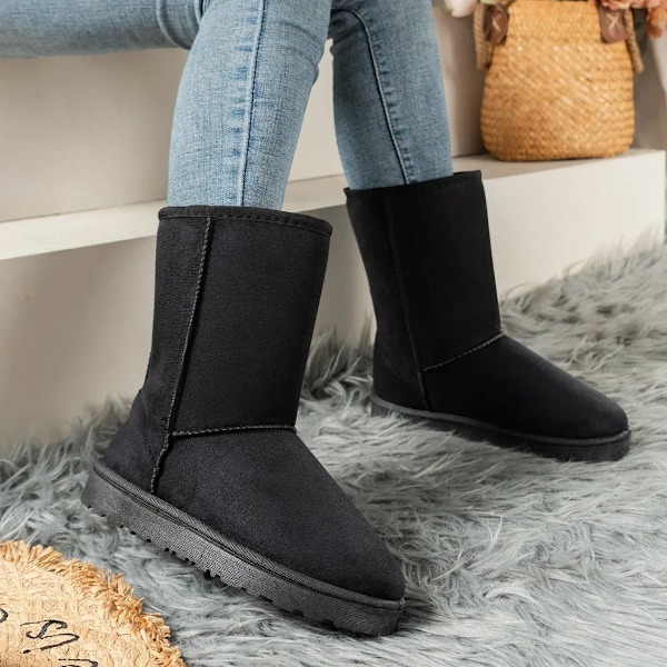 Damskor på rea Högkvalitativa vinter-slip-on mid-calf damstövlar Mode Solid Casual Snöskor Stor storlek Platformstövlar black 36