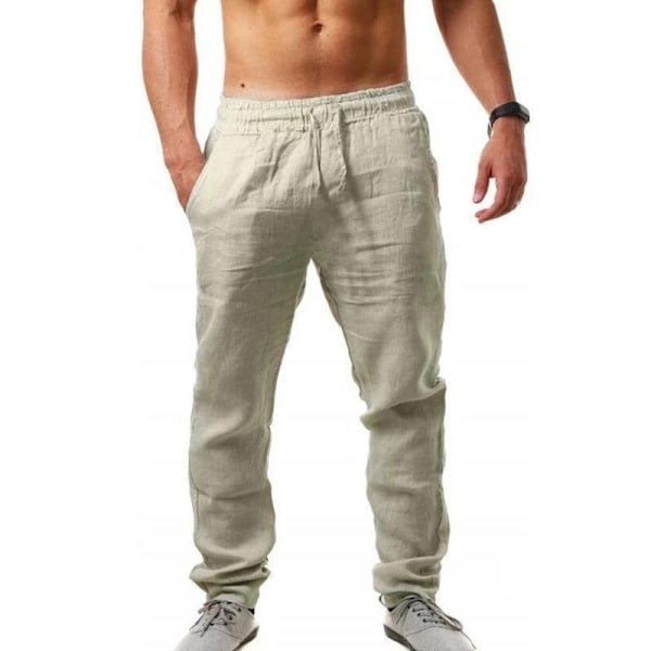 Bomull Linne Harem Byxor Män Fast Elastisk Midja Streetwear Joggers 2022 Nya Baggy Drop-Crotch Byxor Casual Tro Casual Tro Användare Män Som Löpar Beige S