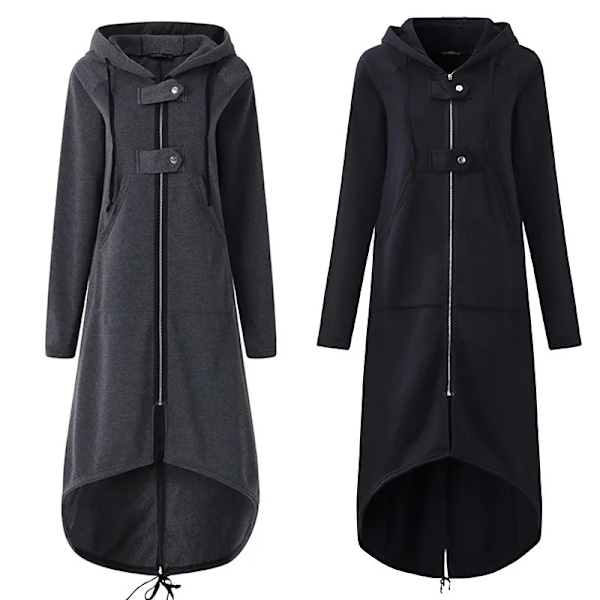 Vindbreaker Kvinnor Huvad Lång Ärm Dragkedjobb Dragsträng Casual Oregelbunden Coat Casual Solid Long Trench 2021 Kvinnor Trench Dark Grey L