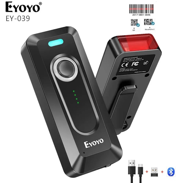 Eyoyo 2D Bluetooth Barcode Scanner Wireless with Clip 2000mAh Battery Level Indicator Portable Mini QR Bar Code Reader for store 2D Scanner