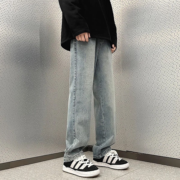 5 Färger Mode Koreanska Baggy Byxor Män Våren Höst Nya Lösa Straight Jeans Elastisk Midja Bred Ben Casual Byxor Män Kläder Nostalgic blue XXL