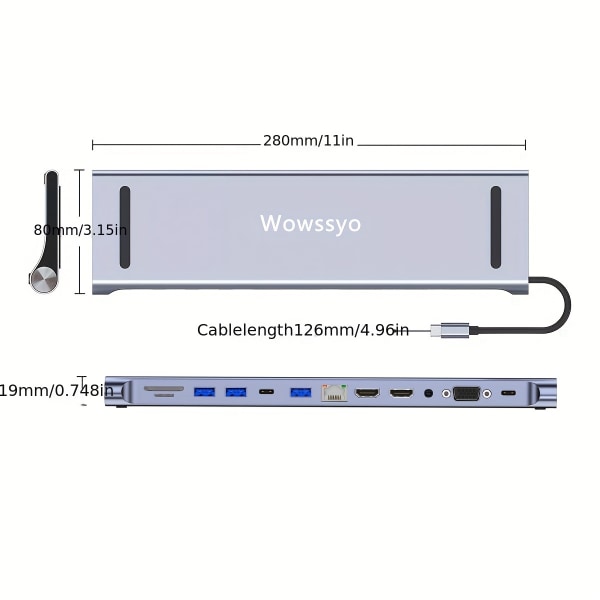 Wowssyo USB C Hub 12-in-1, Samma skärm/Annan skärm, USB C-adapter för MacBook Pro/Air, anslutning för HDMI 4K VGA PD 87W Ethernet SD/TF