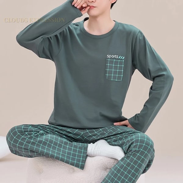 Vår Höst Plus 5Xl Stickade Mäns Sovkläder Brev Lattice Pyjamas Plaid Pyjamas Sets Casual Sets Loungewear Pyjamas Natt Mode M16 5XL ASIAN(105-115Kg)