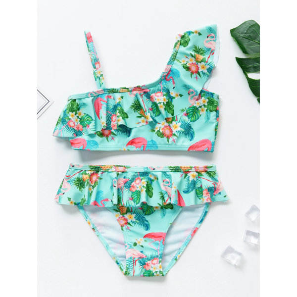 Bikinibaddräkt för flickor med en axeldesign Härlig Flamingo Unicorn sommarbaddräkter Green 4Y