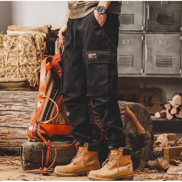 Retro Overalls Mænds Efterår Og Vinter Tyk Løs Ankel Bånd Bukser Multi-Pocket Slid-Resistente Arbejde Casual Bukser Forår Og Efterår. Khaki 4L