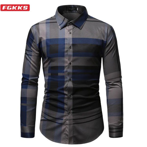 FGKKS 2023 New Button Down Herr Rutig bomull Herr Klänningskjortor Herr Långärmad Slim Fit Business Casual Blommig manskjorta Navy blue EU size S