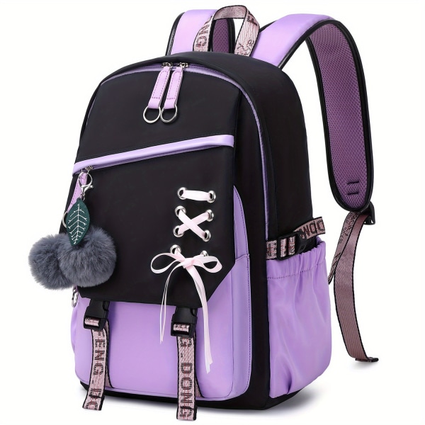 1st Girl Skolryggsäck med två små plyschbollar, Modekontrastfärgad väska med bokstavsmönsterrem, Casual Kids Backpack, Laptop Notebook-väska, Purple