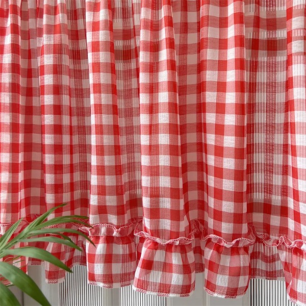 Klassiska röda volangkorta cafégardiner för kök sovrum genomskinlig voile valance små fönsterdraperier stångficka pumpa Red 1 Panel W140xH120cm