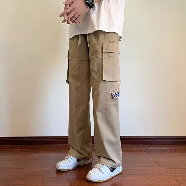Amerikansk stil Multi-Pocket Rak Lastbyxor Mäns Våren Och Hösten Mode Märken Lös Funktionell Bred Ben Design Sense Re Casual Byxor Green M