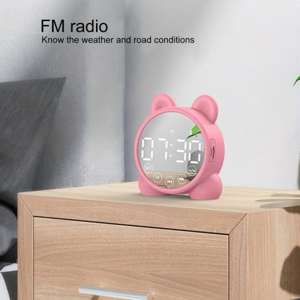 Digital väckarklocka, smart klocka, bärbar högtalare, FM-radio, mini sminkspegel, skrivbordsklocka pink