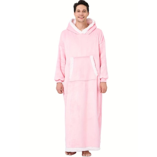 Men's Trendy Pajamas Hooded Warm Flannel Robe With Pocket, Solid One-piece Hoodie Pajamas, Coral Fleece Comfy Breathable Skin