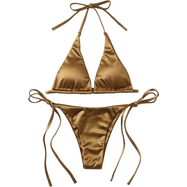 Sexig metallisk grimstopp för damer Tvådelad baddräkt slips sidotriangel Bikini Solid sommar baddräkt Beachwear Set Gold S