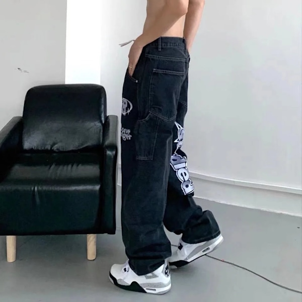 Hösten New Streetwear Män Baggy Bredben Jeans Retro Harajuku Hip-Hop Letter Thermoprint Överdimensionerad Raktbyxor S Y2k Jeans Blue Asia XXL (72.5-80kg)