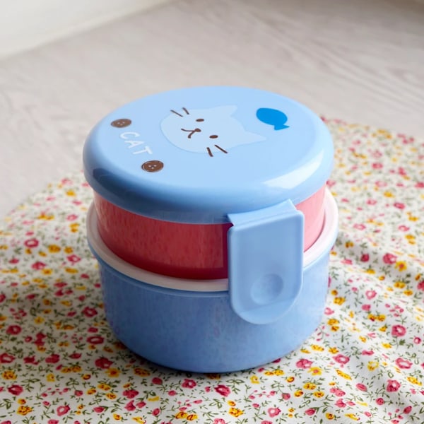 Cute Animal Lunch Box Japanese Double-layer Round Mini Bento Box Children's Fruit Box Snack Box Microwave Kids Lunch Box 540ml Blue