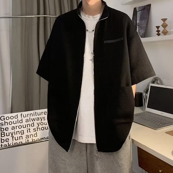 Våffel, Dubbel Dragkedja, Skjorta, Halv Ärm Sommar, Trendig, Pu Shuai, Casual, Mäns High Street Stand Krage, Skjorta Black M