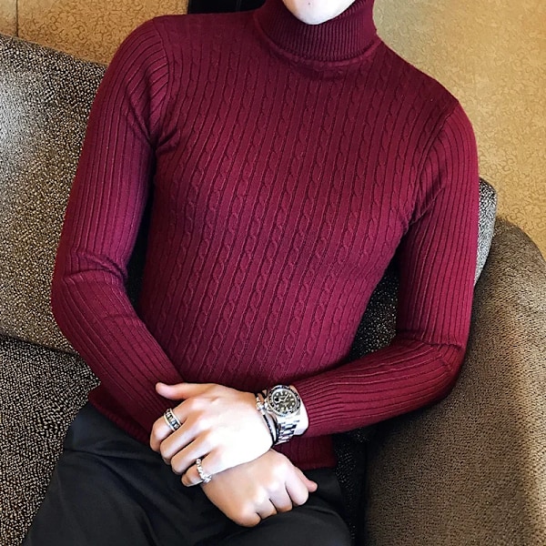 2023 Koreanska Slim Solid Färg Turtleneck Tröja Män Vinter Lång Ärm Varm Sticka Classic Solid Casual Bottomie Skjorta Red wine Asian Size XL