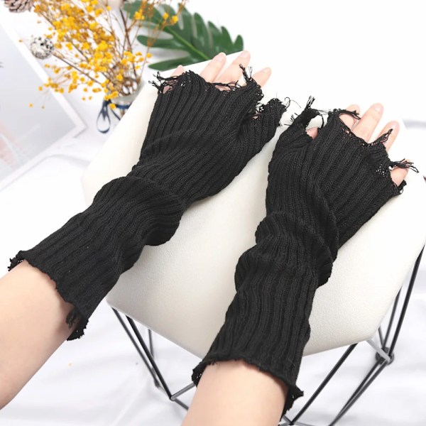 Gothic Anime Mjuka Handskar Höst Vinter Jk Flickor Vantar Oversleeve För Kvinnor Män Cool Tattered Stil Manschett Fingerlösa Armvärmare Beige length-33cm