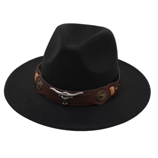 Nya resor Klassiska män Fedora hattar med tjurformad dekor höst vinter kvinnor jazz filt hattar retro brittisk platt brätte kyrkhatt wine ZongNT M (Adult 56-58cm)