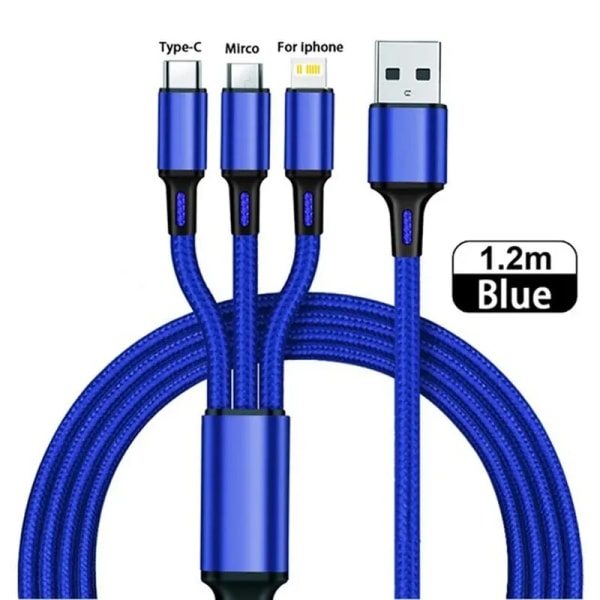 3 IN 1 USB kabel Micro USB Typ C-laddarkabel Multi USB port Snabbladdningssladd för iPhone 13 12 11 Pro Max Samsung Xiaomi Blue 1.2 m