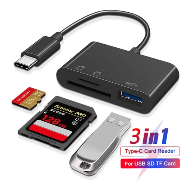 3in1 Type-C Micro Adaptateur TF CF SD Lektor för minneskort USB-C Pour Macbook Huawei Samsung Xiaomi OTG förstärkare Compact Flash Black micro