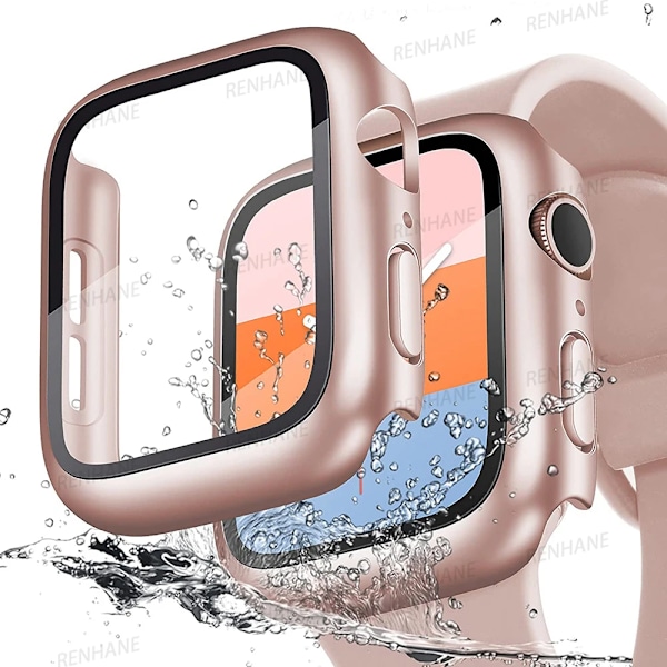 Hærdet Glas+cover til Apple Watch 41mm 45mm 44mm 40mm 42mm 38mm PC-bumper Skærmbeskytter Etui iWatch serie 6 5 4 se 7 8 9 Rose Gold Series456 SE 44MM