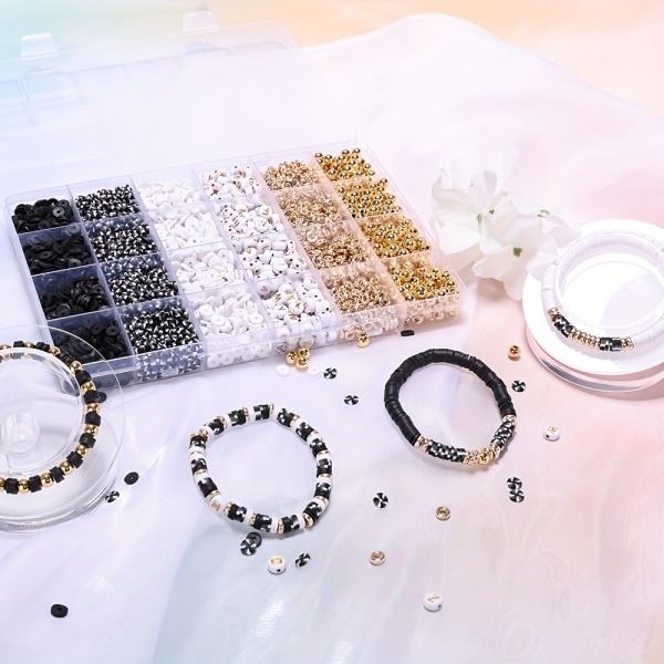 Clay Beads Armband Kit For Friendship Armband Kit Med Plast Bokstav Pärlor Svart Vit Clay Beads Kit Pearl Golden Beads För DIY-smycken