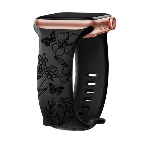 Blommig graverad rem för Apple Watch Band 40mm 44mm 41mm 49mm 45mm 38mm 42mm silikonarmband iwatch series 9 7 se 6 8 ultra 2 Flower Black 42mm 44mm 45mm 49mm