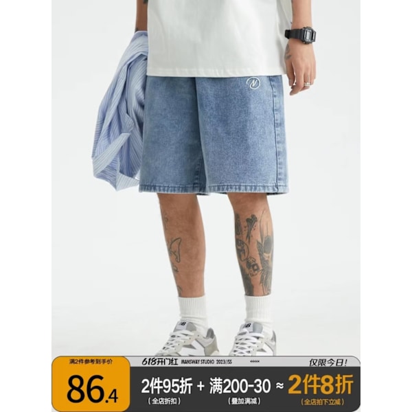 Kesäiset trendikkäät farkkushortsit Miehille Löysät Casual Straight Housut Retro Vanhat Pesty Casual Housut Viisi-Pistettä Dark Blue L
