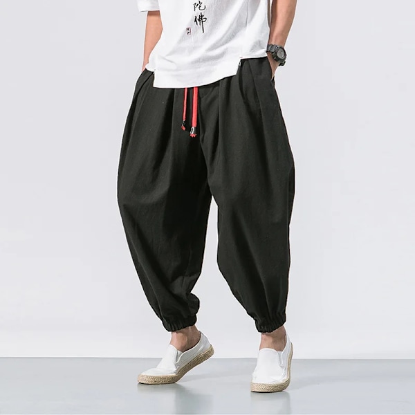 Vår Sommaren Fast Färg Byxor Män Loose Casual Bred Svettbyxor Mode Baggy Bottoms Casual Joggers Man Lanterne Byxor linen black L