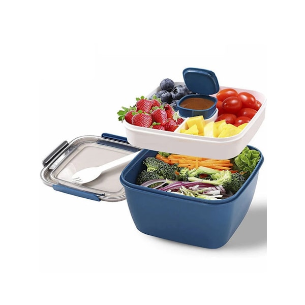 Double Layer Portable Lunch Box For Kids With Fork Spoon Microwave Bento Boxes Dinnerware Set Food Storage Leakproof Container Blue 4