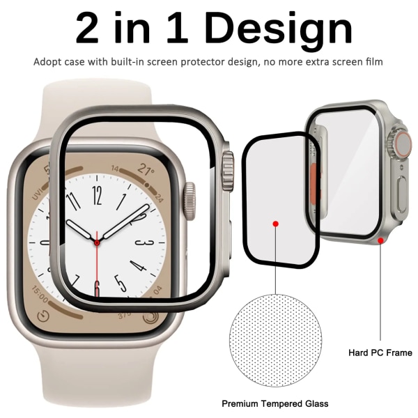 Glas+ Case för Apple Watch 44 mm 45 mm 41 mm 40 mm 42 mm 38 mm Skärmskydd Cover Change Ultra Bumper iWatch Series 8 7 SE 6 5 3 Starlight silver Series123 42MM