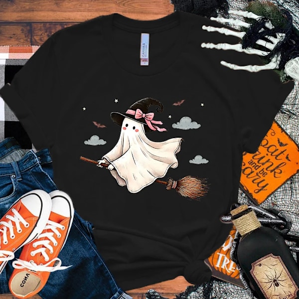 Halloween Boo Print T Skjorta Kort Ärm O Nacke Lös Kvinnor Sommar Cool Kvinnor Tee Tröjor Toppar Kläder Black XXS