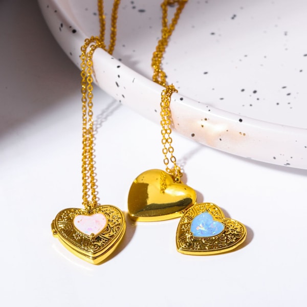 Love Photo Album Pendant Opal Halsband Cross-Border Ins Speciell Intresse Design Öppnande Och Stängning Persikohjärta Tänd Choker Färg Retenten In Blue