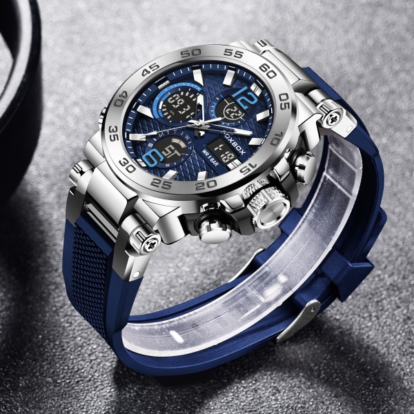Watch för män , Vattentät Dual Display Digital Quartz Watch, Väckarklocka Chronograph Multifunction Luminous Watch Silver Blue