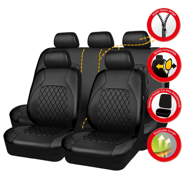 Uppgradera din bilinteriör med 9 st/ set Quiltad lädertråd Pressande sätesöverdrag - Airbag-kompatibel och andas! Black
