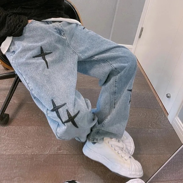 2024 Nye Mode Mænd Stjerner Prints Jeans Y2k Tøj Hip Hop Baggy Brede Ben Bukser Drapes Lige Last Bukser Pantalon Homme Light Blue S