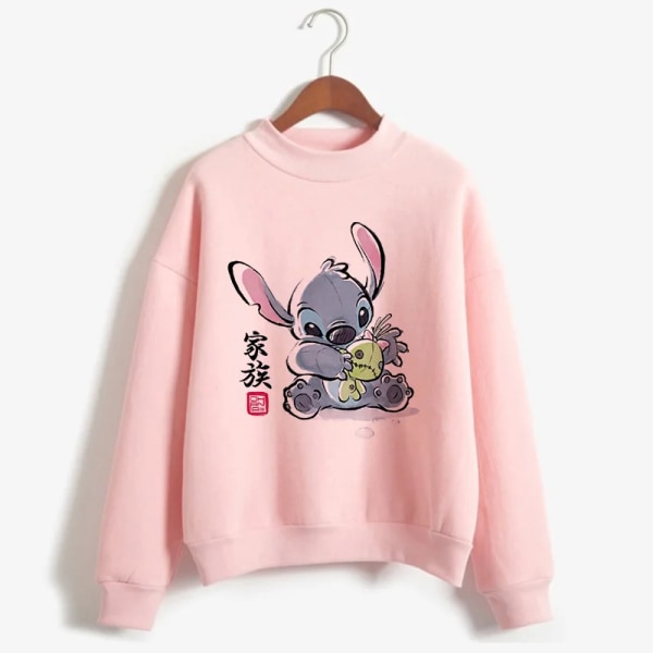 Rosa Turtleneck Hoodie Stitch Rolig Kvinnor Harajuku Söta Lilo och Stitch Anime Sweatshirt Manga Streetwear Hoody Kvinnlig 59218 XXL