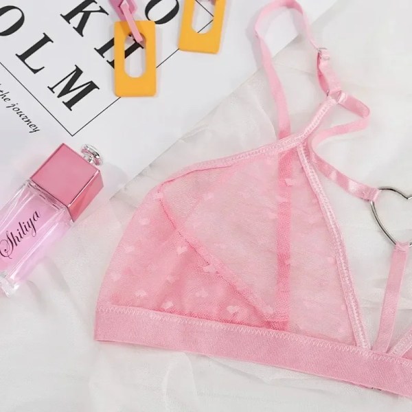 Kvinnor Sexigt Rosa Spets Push Upp Underkläder Trådlösa Bh Och Parti Set Kvinnliga Langerie Transparent Bh Set Hjärta Formen Lingeries black XL