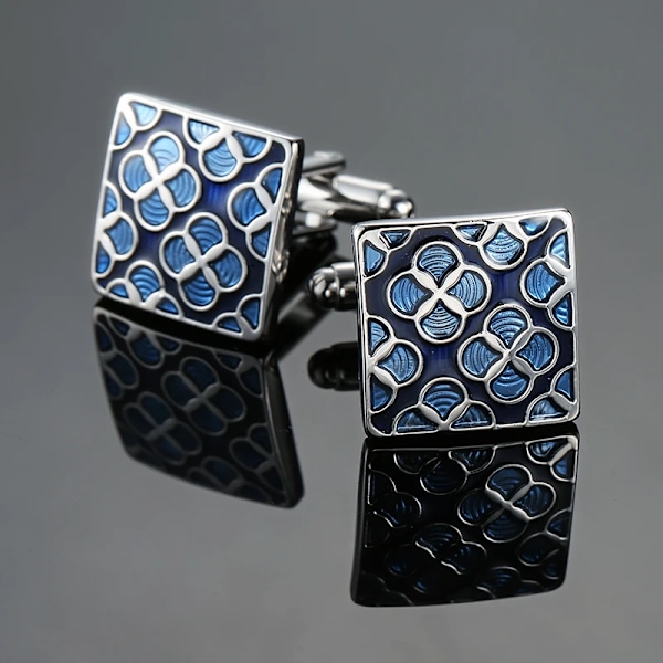 Klassisk Fransk Skjorta Cufflinks Hög Kvalitet Handmålade Röd Blå Svart Emalj Knapp Metall Mäns Kläder Tillbehör Smycker Y Blue flower